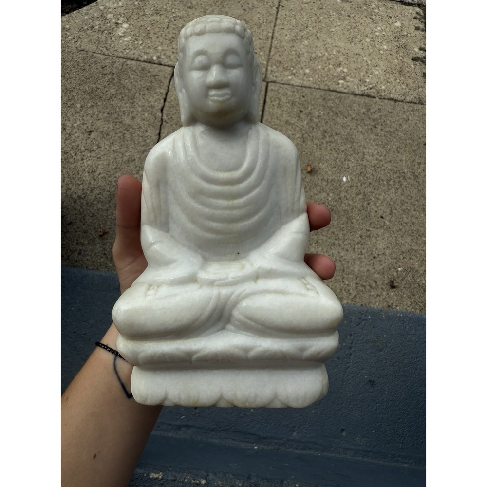 Vintage‎ Hand Carved White Marble Stone Buddha Figurine Statue